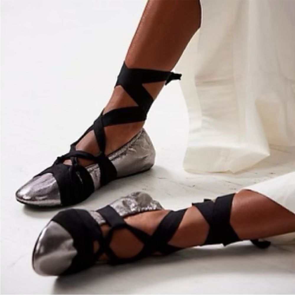 Free People Cece Wrap Ballet Flats Silver and Black US 8